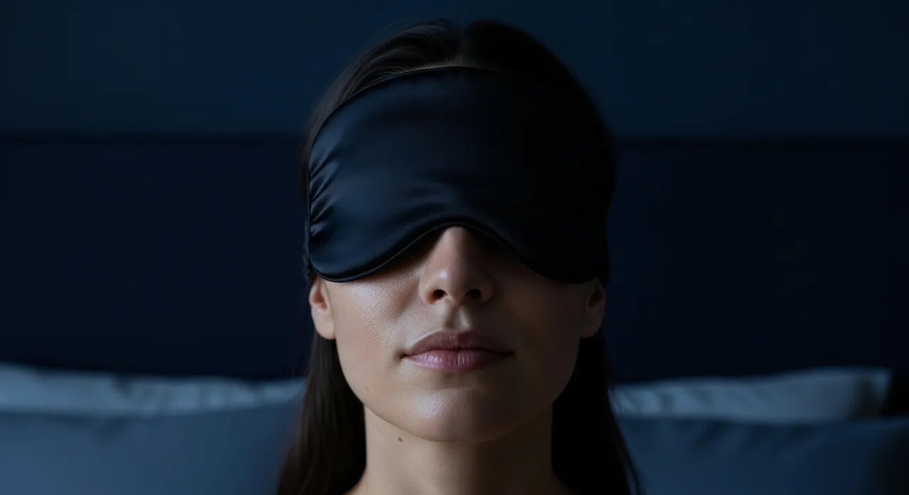 Person wearing a black silk sleep mask in moody dark setting